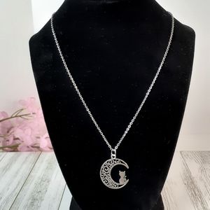 Silver Plated Cat on Crescent Moon Stainless steel Necklace 18" Handcrafted